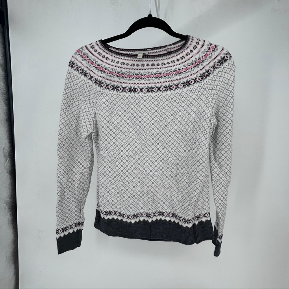 Talbots Petites Fair Isle Nordic Sweater Gray Pink Cotton Blend Size Medium P
